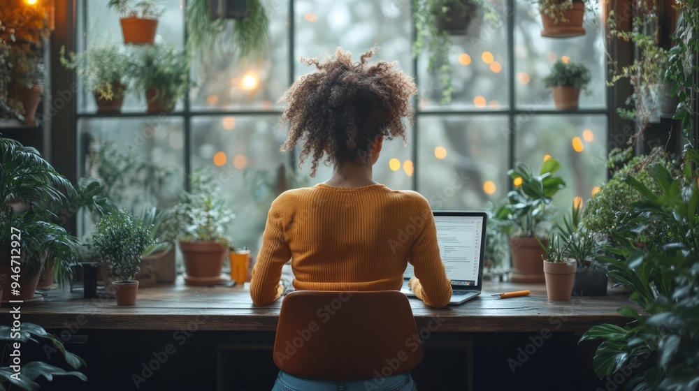 Cozy Workspace by the Window: A young woman works on her laptop in a plant-filled room, enjoying the serene view from a large window on a rainy day. The image evokes feelings of peace, productivity. Cozy Workspace by the Window: A young woman works on her laptop in a plant-filled room, enjoying the serene view from a large window on a rainy day. The image evokes feelings of peace, productivity.