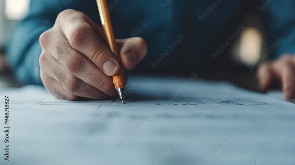 A close-up image of a hand gripping a pencil while drawing on a blueprint paper, reflecting precision, planning, creativity, and human craftsmanship in engineering or architectural work. A close-up image of a hand gripping a pencil while drawing on a blueprint paper, reflecting precision, planning, creativity, and human craftsmanship in engineering or architectural work.