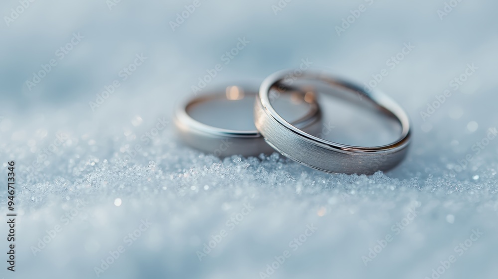 An elegant shot of two simple rings resting on a bed of ice, symbolizing purity, love, and commitment, captured under soft lighting that accentuates the texture and shine of the rings. An elegant shot of two simple rings resting on a bed of ice, symbolizing purity, love, and commitment, captured under soft lighting that accentuates the texture and shine of the rings.