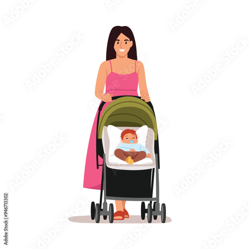 Vector illustration of a smiling mother carrying a baby in a stroller. Cartoon scene of a happy mother carrying a stroller with a little baby sleeping with a pacifier isolated on a white background.