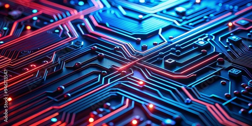 Neon Circuit Board - Red and Blue Lines, 3D Rendering, Close-up, Abstract, Technology , Circuitry , Motherboard
