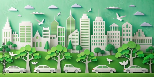 Paper Cutout Cityscape with Green Trees and White Cars, paper art, cityscape, green, car , white