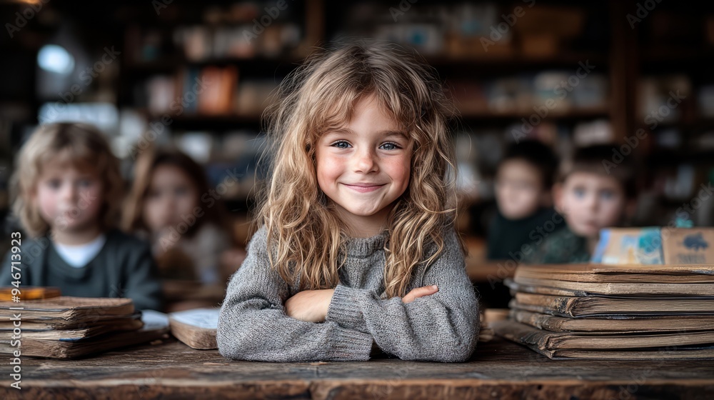 Little Scholar's Book Nook: A charming portrait of a girl with golden curls, beaming with happiness amidst a blurred backdrop of her classmates and stacks of vintage books in a rustic setting. Little Scholar's Book Nook: A charming portrait of a girl with golden curls, beaming with happiness amidst a blurred backdrop of her classmates and stacks of vintage books in a rustic setting.