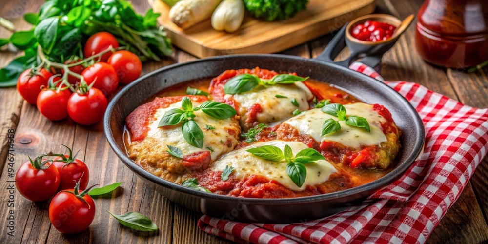 Parmesan-Crusted Chicken Cutlets with Tomato Sauce and Mozzarella, in a Cast Iron Skillet, on Rustic Wooden Table, Chicken Cutlets, Parmesan, Italian Cuisine Parmesan-Crusted Chicken Cutlets with Tomato Sauce and Mozzarella, in a Cast Iron Skillet, on Rustic Wooden Table, Chicken Cutlets, Parmesan, Italian Cuisine