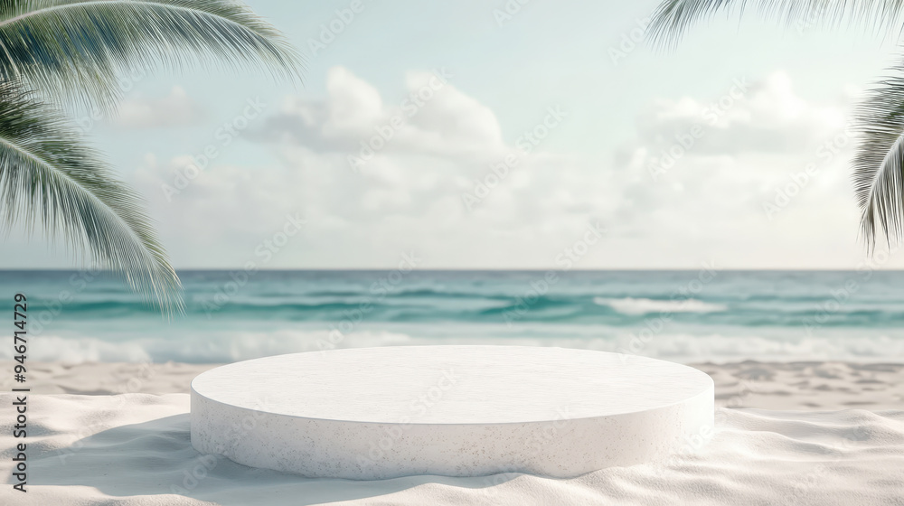 Minimalist white podium on a sandy beach with the ocean in the background Minimalist white podium on a sandy beach with the ocean in the background