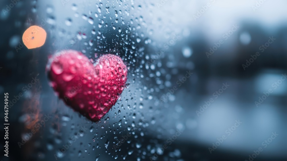 A red heart shape is artistically captured on wet glass during a rainy evening, conveying powerful emotions of love, nostalgia, and the beauty of somber moments.