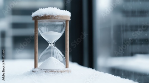 An elegant hourglass partially covered in snow rests amid an urban cityscape, symbolizing the relentless passage of time and the juxtaposition of natural and man-made elements. photo