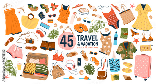 Clothing set in casual style for women. 45 fashion garments, accessories, swimwear, shoes, hats and bags for spring, summer, travel and vacation. isolated flat vector illustrations on white background