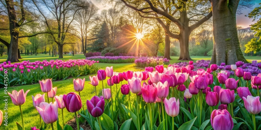 Obraz premium Sunlit Tulips in a Spring Garden, Sunlight , Tulips , Spring , Garden