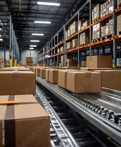 A retail warehouse filled with shelves of cartons, pallets, and forklifts in motion. The blurred background highlights the busy logistics and transportation activities typical of a product distributio
