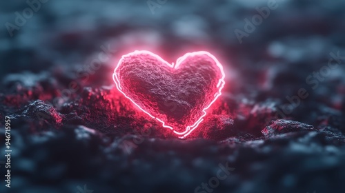 In this image, a glowing pink neon heart-shaped light stands out boldly against the dark and textured rocky ground, creating a striking visual of love and resilience. photo