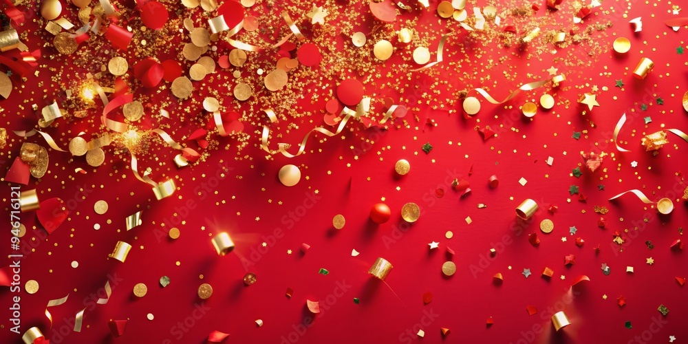Red Background with Gold Confetti and Ribbons, Festive Celebration, Holiday Decor, New Year, Party, Birthday, Background Red Background with Gold Confetti and Ribbons, Festive Celebration, Holiday Decor, New Year, Party, Birthday, Background