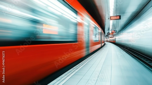 A vibrant red train rushes through a modern train station, emphasizing the fast-paced nature of contemporary urban life and transportation systems.