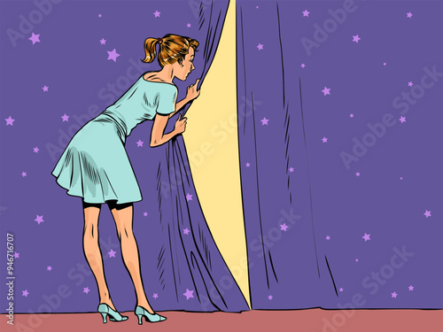 Pop Art Retro The girl opens the curtain and looks behind her. Monitoring customer growth. Stagecraft of theatrical art.