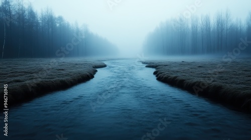 Wallpaper Mural A tranquil scene showing a serene river gently cutting through an open field enveloped in fog, with bare trees lining the horizon, emanating peace and calm. Torontodigital.ca