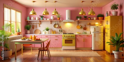 Retro Kitchen with Yellow A...