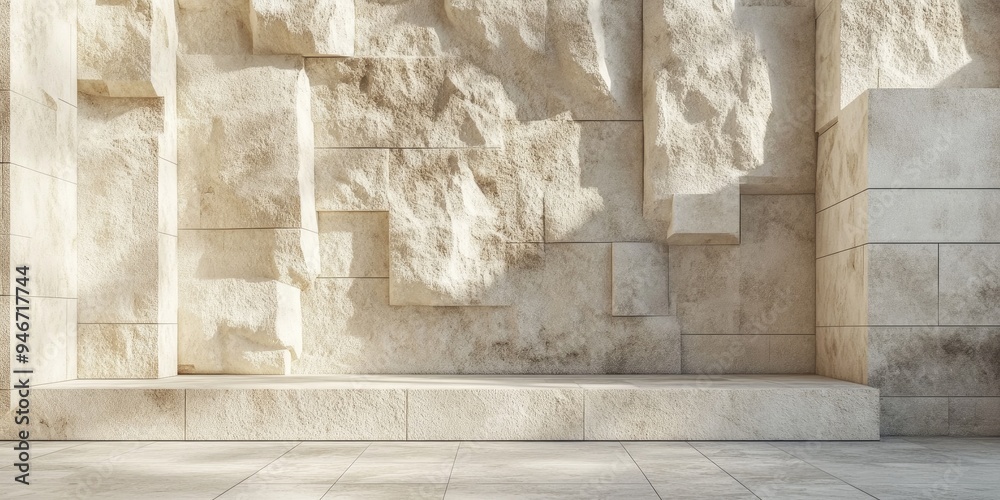 Beige stone wall pieces and slabs for use as a product display background 3D illustration Beige stone wall pieces and slabs for use as a product display background 3D illustration