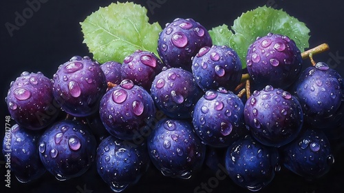 hyperrealistic oil painting of dewdrops on black grape cluster dramatic chiaroscuro lighting ultrafine detail rich purple hues photo