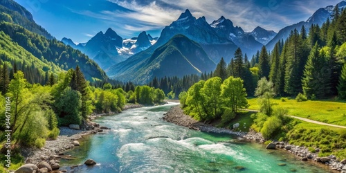 Serene Mountain River Winding Through Lush Forest, Blue Sky, Aerial View, Italy, Alps, Nature, Landscape