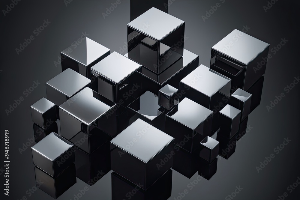 Obraz premium Modern Geometric Cubes in a Three Dimensional Arrangement on a Glossy Black Background Showcasing Luxury and Sophistication with Sharp Edges and Gradient Effects