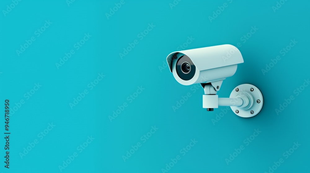 A security camera mounted on a turquoise wall, designed for surveillance purposes. A security camera mounted on a turquoise wall, designed for surveillance purposes.