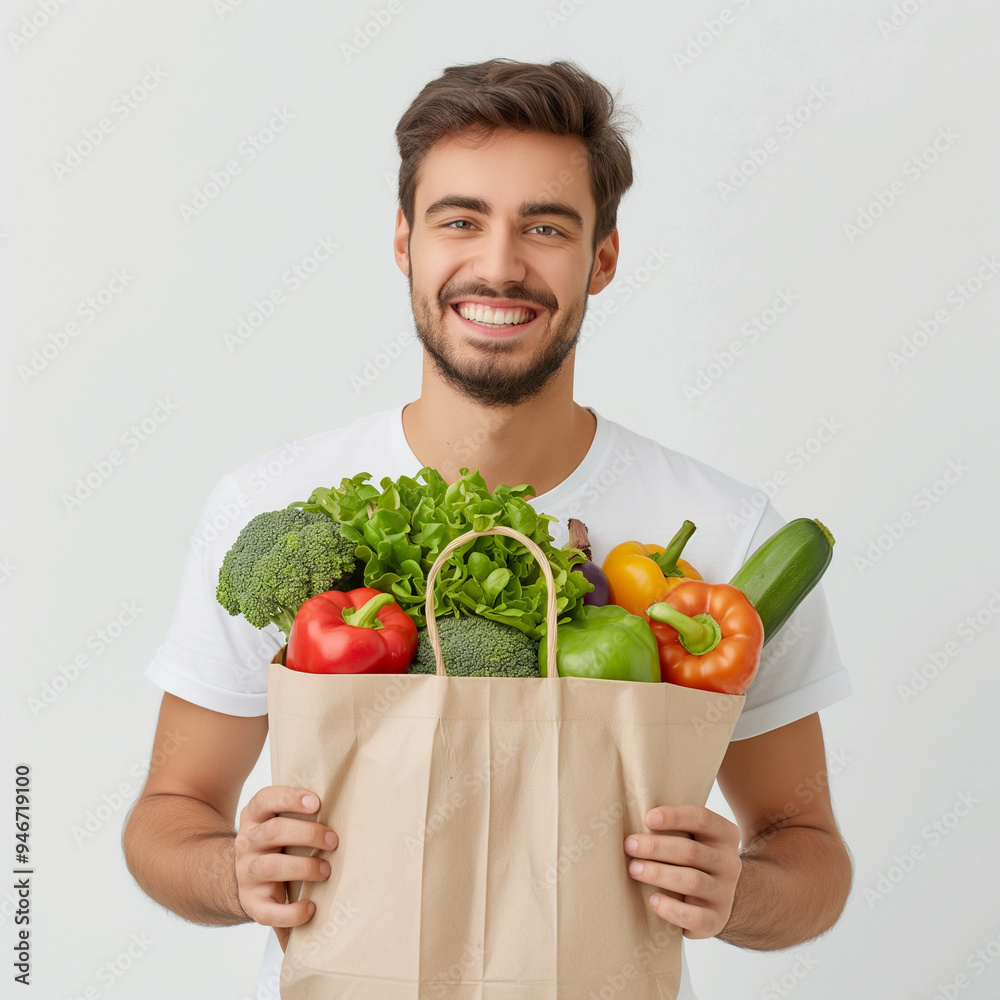 A young man with a warm smile holding a grocery bag filled with vegetables on a light background, person holding a full of groceries. Healthy food, healthy eating, Vegan Day, World Vegetarian Day A young man with a warm smile holding a grocery bag filled with vegetables on a light background, person holding a full of groceries. Healthy food, healthy eating, Vegan Day, World Vegetarian Day