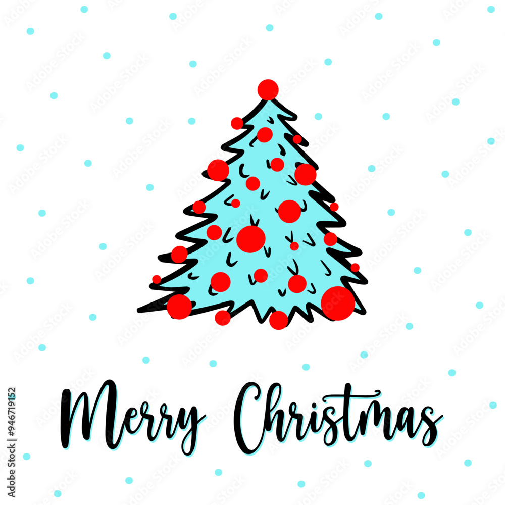 Doodle festive Christmas tree greeting card with Merry Christmas lettering. Hand drawn blue fir tree with red garlands and snowfall. Doodle thin line pine in scribble style. Doodle new year spruce