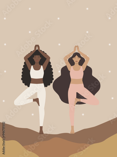 Poster of a brown and white woman doing yoga 
