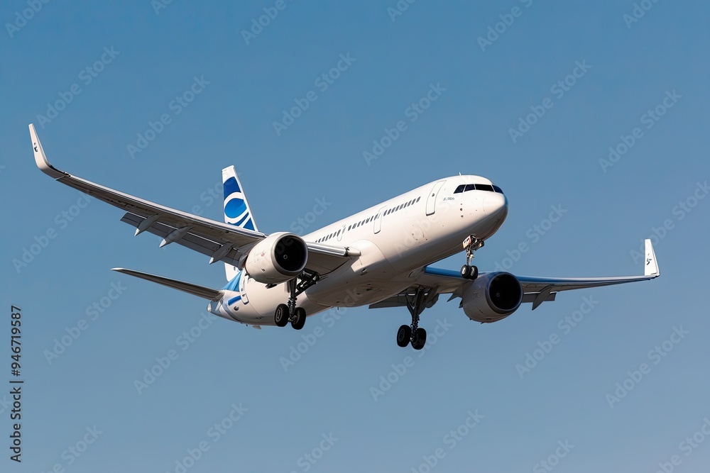 White Commercial Airplane Side View in Flight Against Clear Background White Commercial Airplane Side View in Flight Against Clear Background