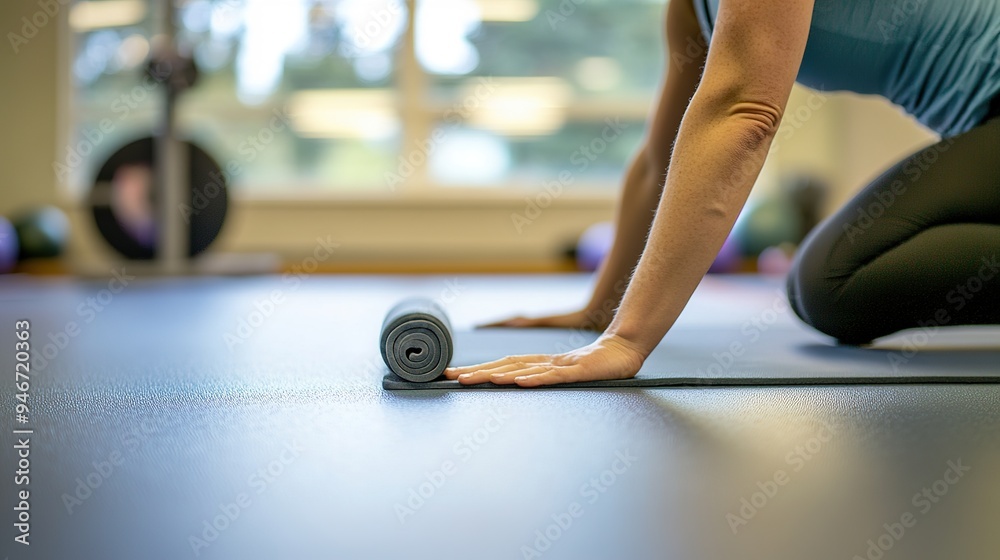 Naklejka premium A person performing a Pilates roll-up exercise on a mat, with a focus on core engagement and proper form