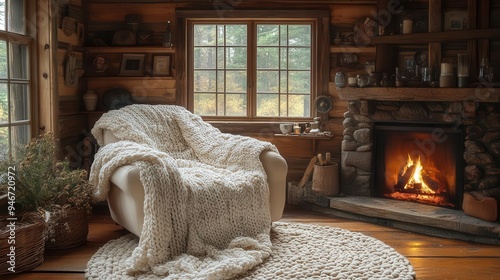 inviting rustic living room overstuffed armchair with soft blanket crackling fireplace vintage decor warm ambient lighting cozy cabin atmosphere photo