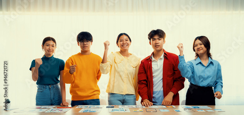 Panoramic banner young happy asian startup company employee wearing colorful casual wear stand in line together symbolize creative teamwork, job employment, HR agency recruitment. Synergic photo