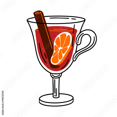 Glass of mulled wine isolated on white background. Winter alcoholic drink with orange, cinnamon, spices. Cocktail for menu, bar. Vector illustration
