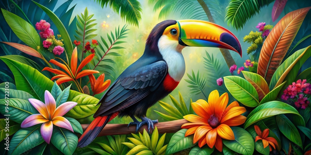 Fototapeta premium Toucan in a Lush Tropical Paradise, Digital Painting, Colorful Bird, Green Foliage, Vibrant Flowers, toucan, tropical