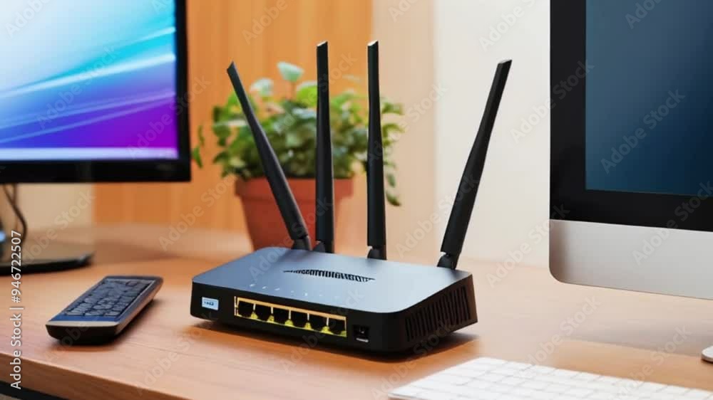 Wi-Fi internet network connection modem router on the table near the ...