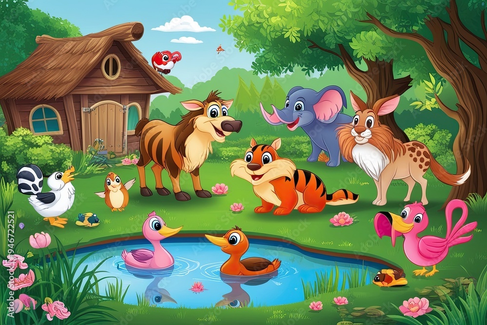 Fototapeta premium Playful Cartoon Animals in a Charming Pond Landscape