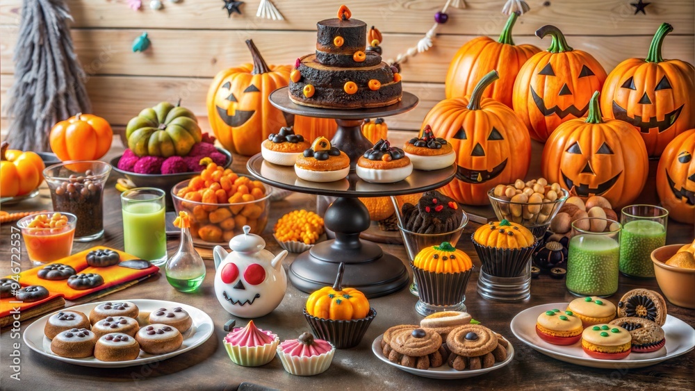 Festive Halloween dessert table with carved pumpkins and sweets in a cozy autumn setting Festive Halloween dessert table with carved pumpkins and sweets in a cozy autumn setting