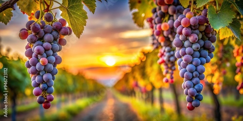 Vineyard Sunset, Grapes Hanging, Golden Hour, Sunset, Vineyard, Wine, Grapes