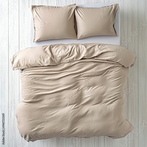 Top-down view of a beige bed with two pillows and a slightly wrinkled duvet, minimalist bedding on a light wooden surface, cozy and comfortable bedroom setup, neutral tones, inviting sleep environment