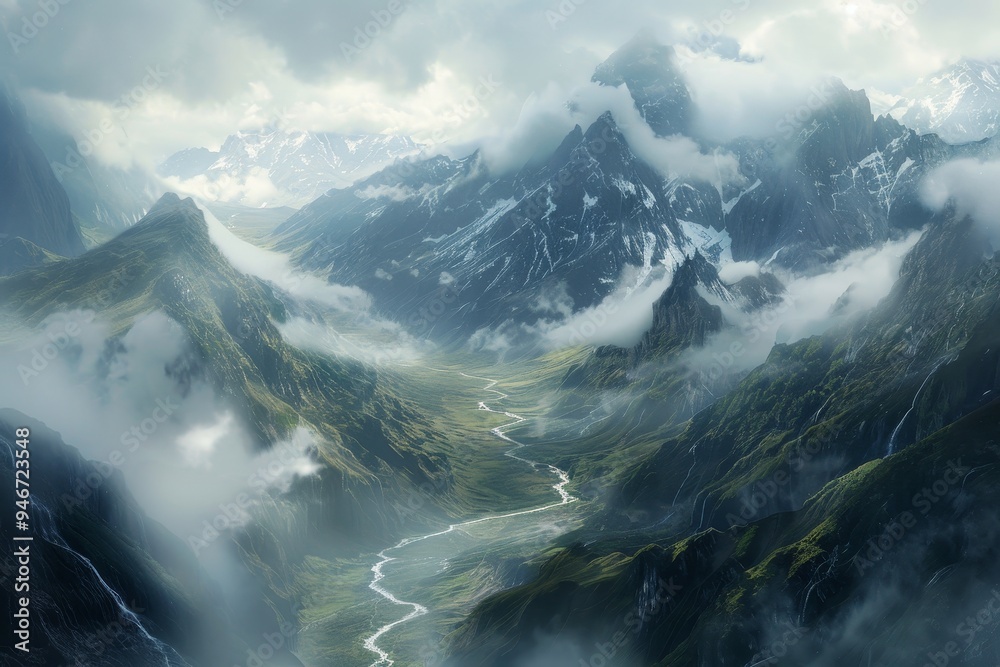 Fototapeta premium A dramatic mountain range shrouded in clouds, with a winding river flowing through the valley below