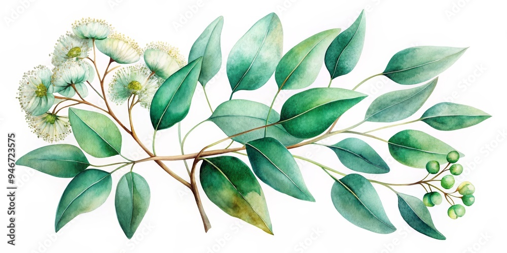 Watercolor Eucalyptus Branch with Green Leaves and White Flowers, watercolor painting, botanical illustration, green leaves, white flowers, eucalyptus branch, green Watercolor Eucalyptus Branch with Green Leaves and White Flowers, watercolor painting, botanical illustration, green leaves, white flowers, eucalyptus branch, green
