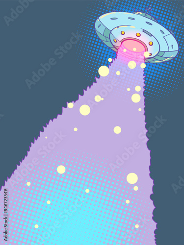 Pop Art Retro The flying saucer fires a purple beam. Extraterrestrial life in the universe. Paranormal phenomena to space.