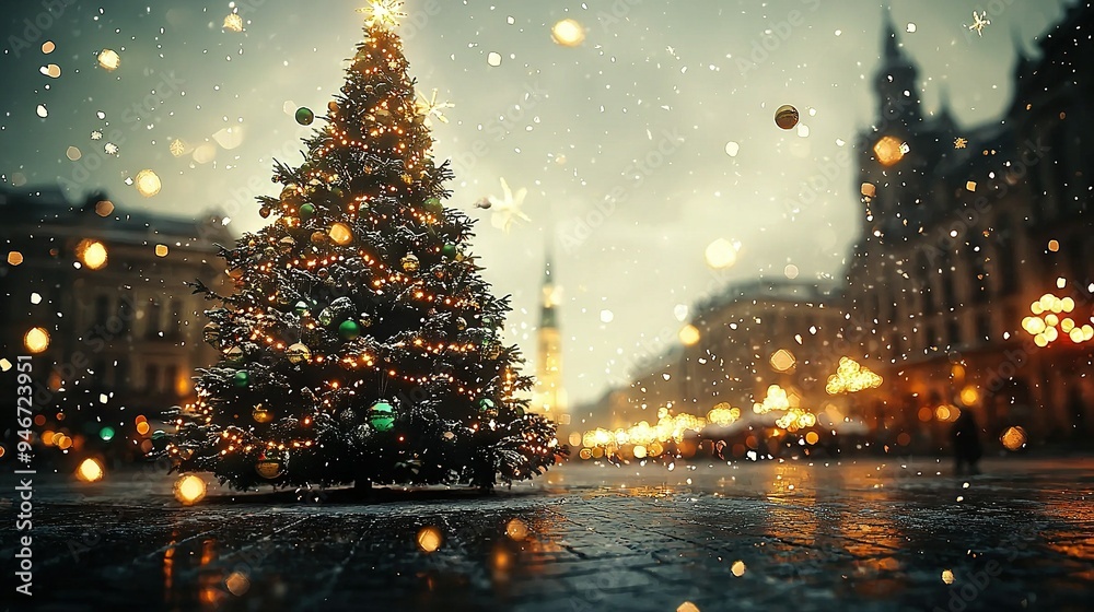 A Christmas tree illuminates a street, framed by towering buildings and blanketed in snow A Christmas tree illuminates a street, framed by towering buildings and blanketed in snow