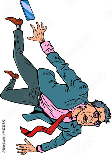 Pop Art Retro A man in a suit falls down. The collapse of a business and company due to the crisis. Destroyed career and reputation