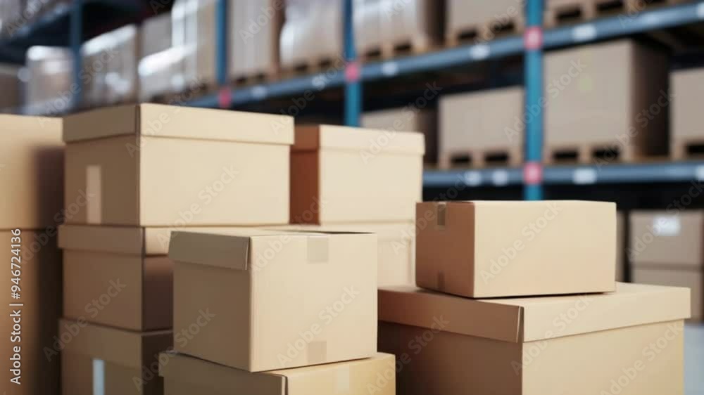 Cardboard boxes on blur storage warehouse shelves background. 3d illustration , ready for the delivery of packages in the warehouse created with generative ai Cardboard boxes on blur storage warehouse shelves background. 3d illustration , ready for the delivery of packages in the warehouse created with generative ai