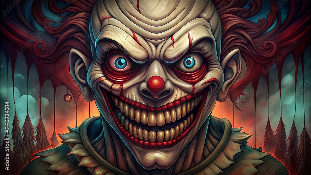 Creepy evil clown with sinister grin in a nightmarish setting Creepy evil clown with sinister grin in a nightmarish setting