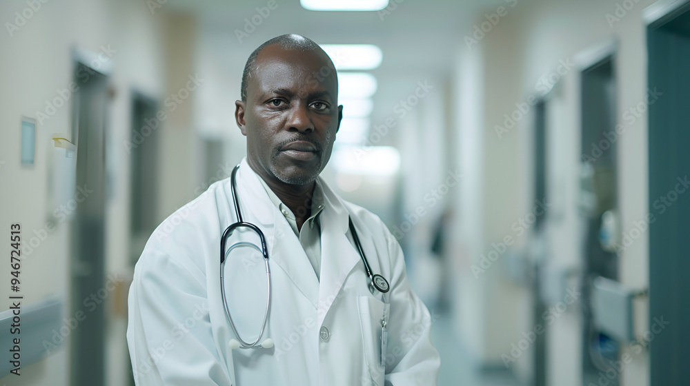 African male doctor wearing medical coat standing in hospital corridor African male doctor wearing medical coat standing in hospital corridor