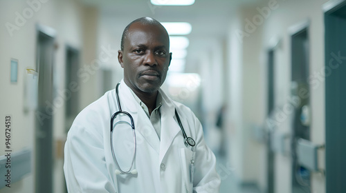 African male doctor wearing medical coat standing in hospital corridor