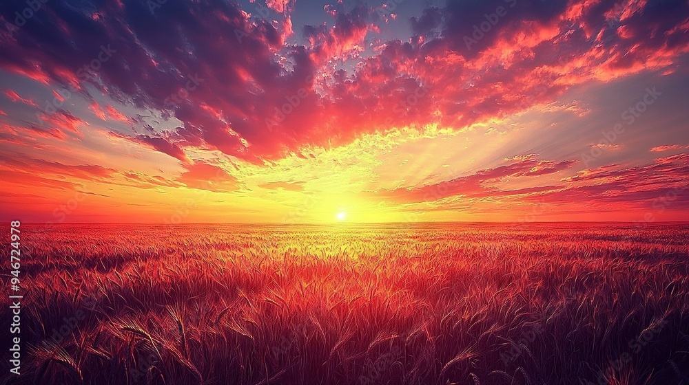   A field of grass, bathed in golden sunlight, as clouds paint the sky with hues of red and blue