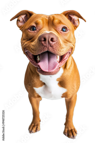 cute funny pit bull dog standing up on isolated background